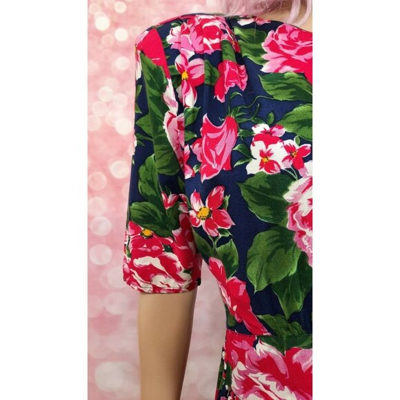 Vintage 80s Floral Rose Dress Size M With Pockets Caroline Wells Pink Blue Midi - Picture 4 of 12
